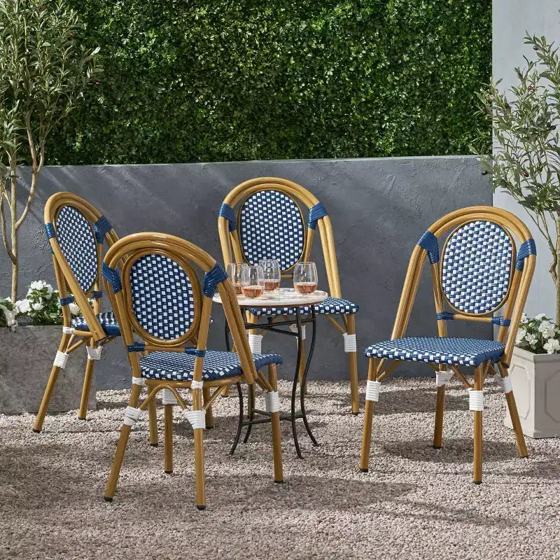 Christopher Knight Home Chaises de café françaises d'extérieur Remi, lot de 4 - Bleu/Blanc/Bambou