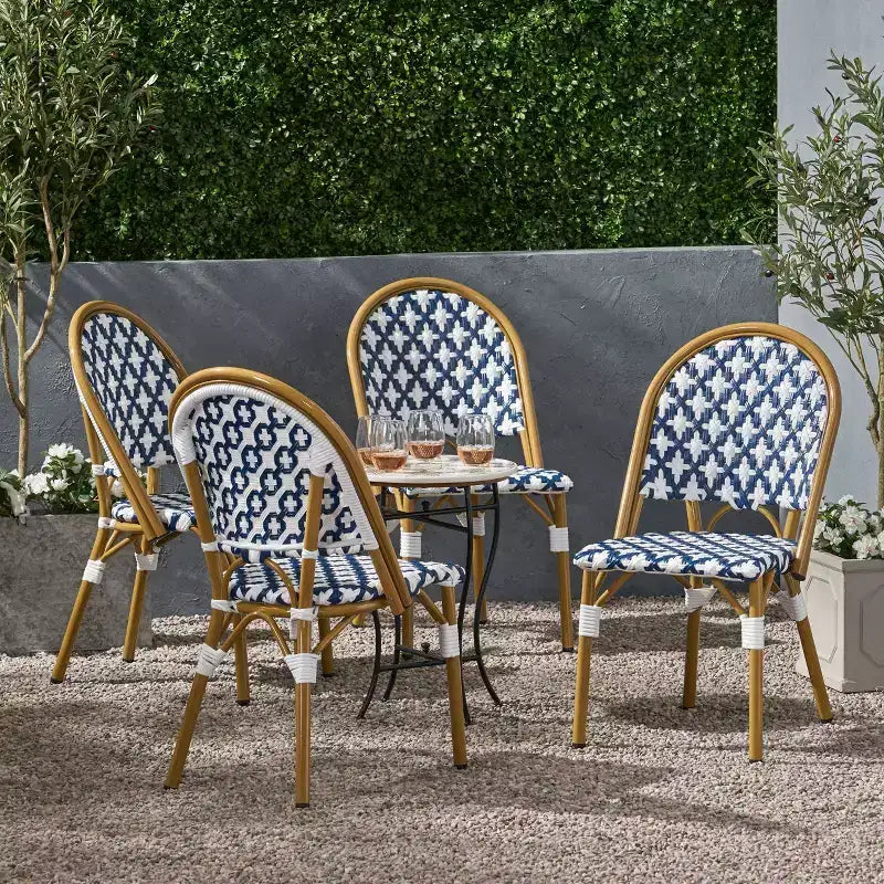 Christopher Knight Home Louna Lot de 4 chaises de bistrot d'extérieur avec finition bambou – Bleu/Blanc