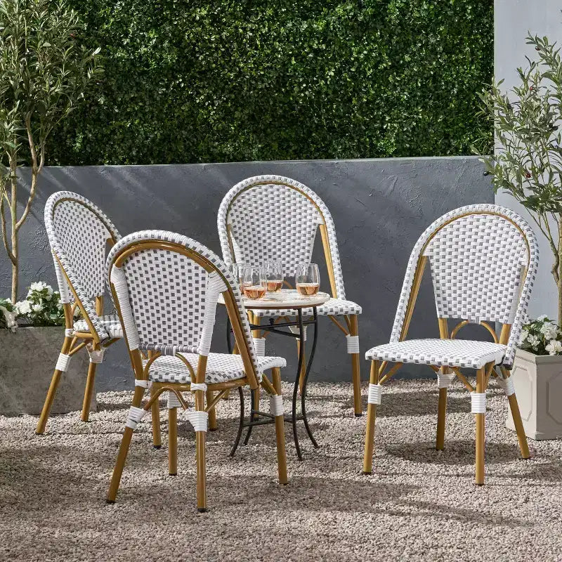 Christopher Knight Home Elize, lot de 4 chaises de café françaises d'extérieur – Gris/Blanc/Bambou