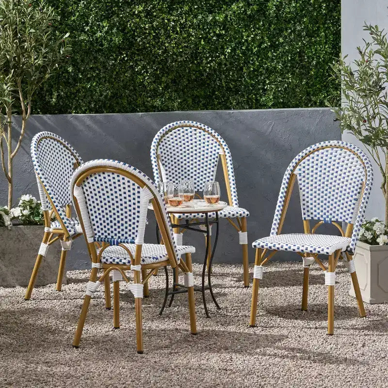 Christopher Knight Home Elize Lot de 4 chaises de café d'extérieur - Bleu/Blanc/Bambou