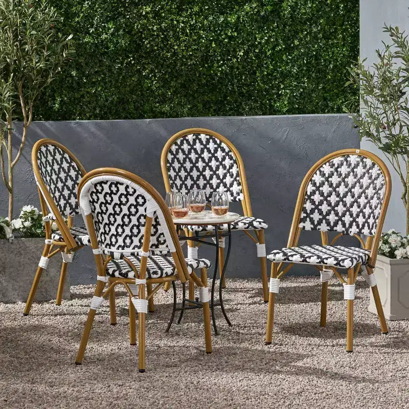 Christopher Knight Home Louna Chaises de café de style français d'extérieur, lot de 4 - Noir/Blanc/Bambou