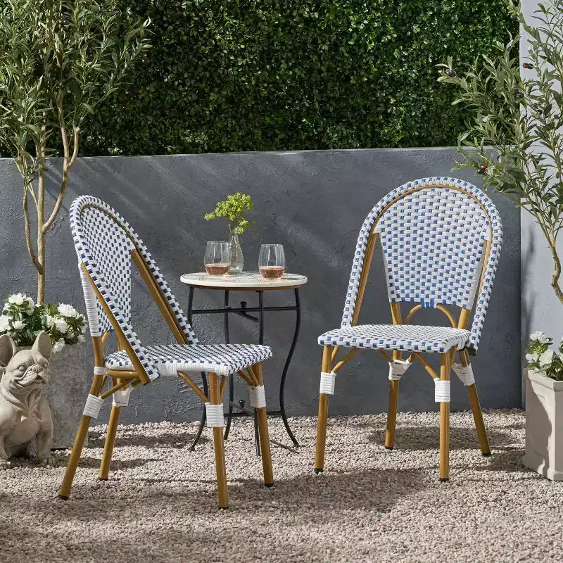 Christopher Knight Home Elize, lot de 2 chaises de café d'extérieur de style français – Bleu/Blanc/Bambou
