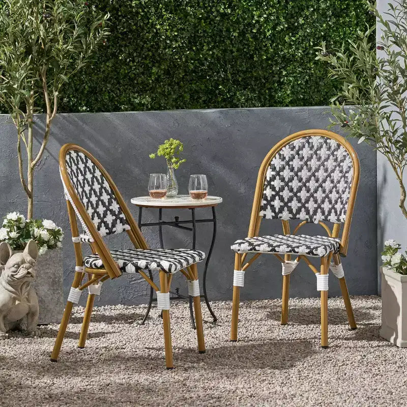 Christopher Knight Home Louna, Lot de 2 Chaises de Café Françaises d'Extérieur avec Finition Bambou - Noir/Blanc