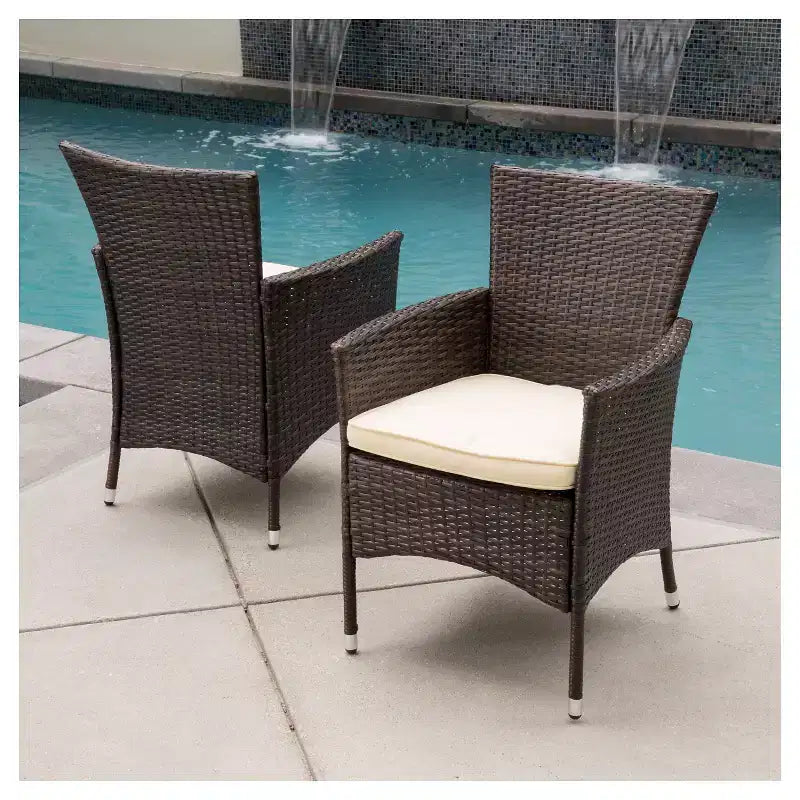 Malta Lot de 2 chaises de salle à manger de patio en osier avec coussin - Marron - Christopher Knight Home : Résistant aux intempéries, cadre en fer, coussin en mousse