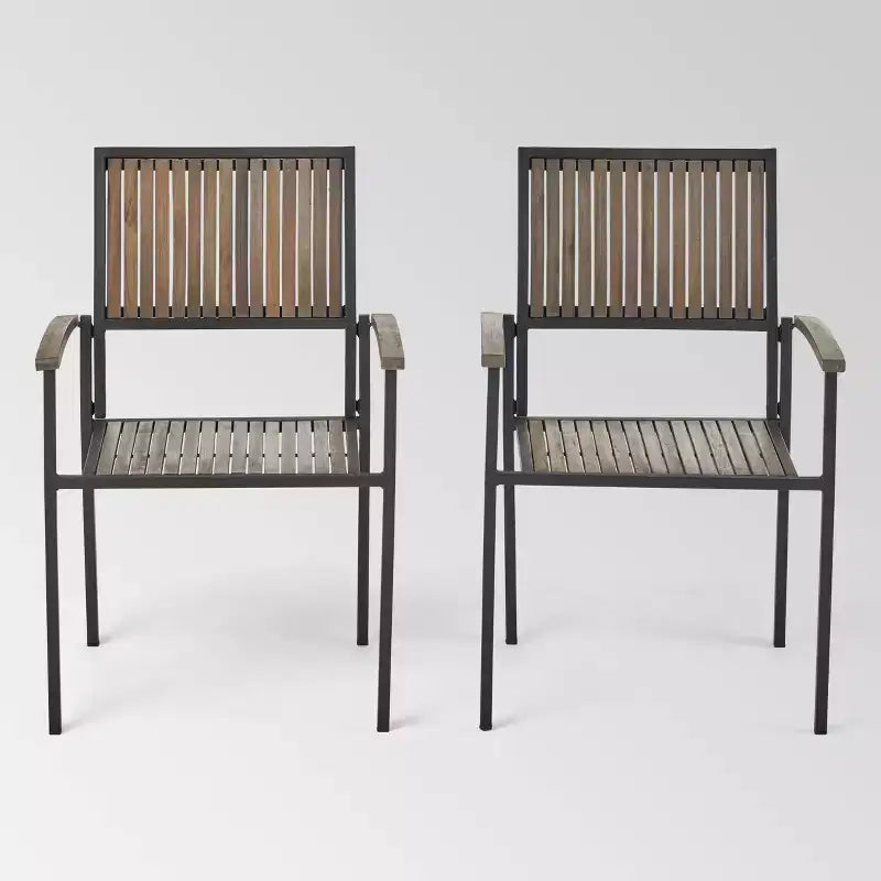 2pk Bridget Wood & Iron Patio Dining Chair Gray: Acacia Slatted, Weather-Resistant - Christopher Knight Home