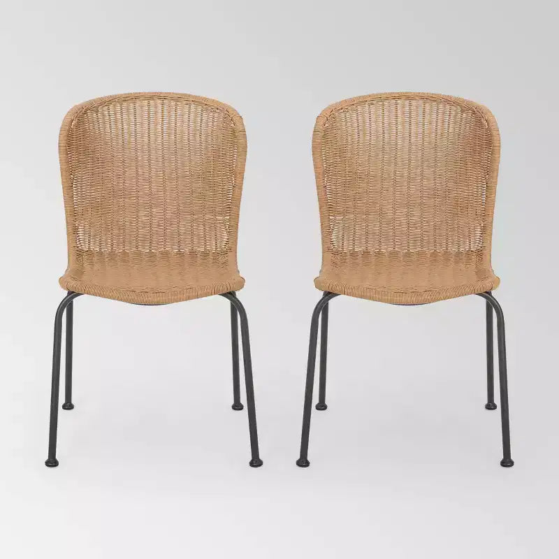 Spinnaker Set of 2 Wicker Boho Dining Chairs - Light Brown - Christopher Knight Home: Weather-Resistant Iron Frame