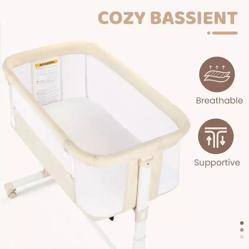 Berceau bébé avec roues – Beige / Gris / Rose, cododo, pour 1 bébé