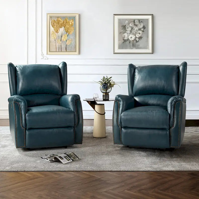 Fauteuil inclinable électrique en cuir véritable avec port USB – Dossier à oreilles et clous décoratifs, ensemble de 2