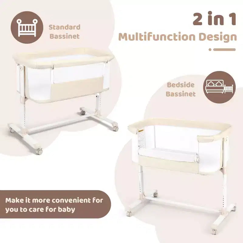 Berceau bébé avec roues – Beige / Gris / Rose, cododo, pour 1 bébé