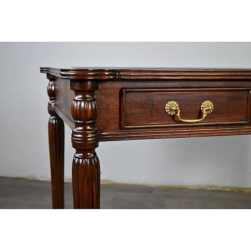 Bureau de style victorien en acajou massif brun foncé / brun clair avec sous-main en cuir noir et 3 tiroirs – Unité simple