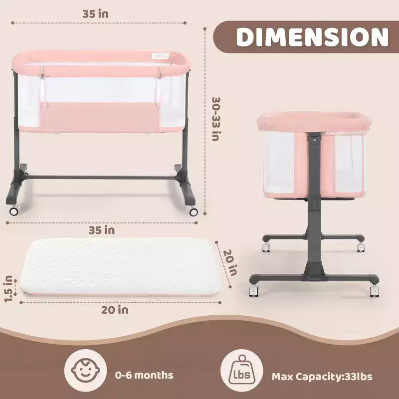 Berceau bébé avec roues – Beige / Gris / Rose, cododo, pour 1 bébé