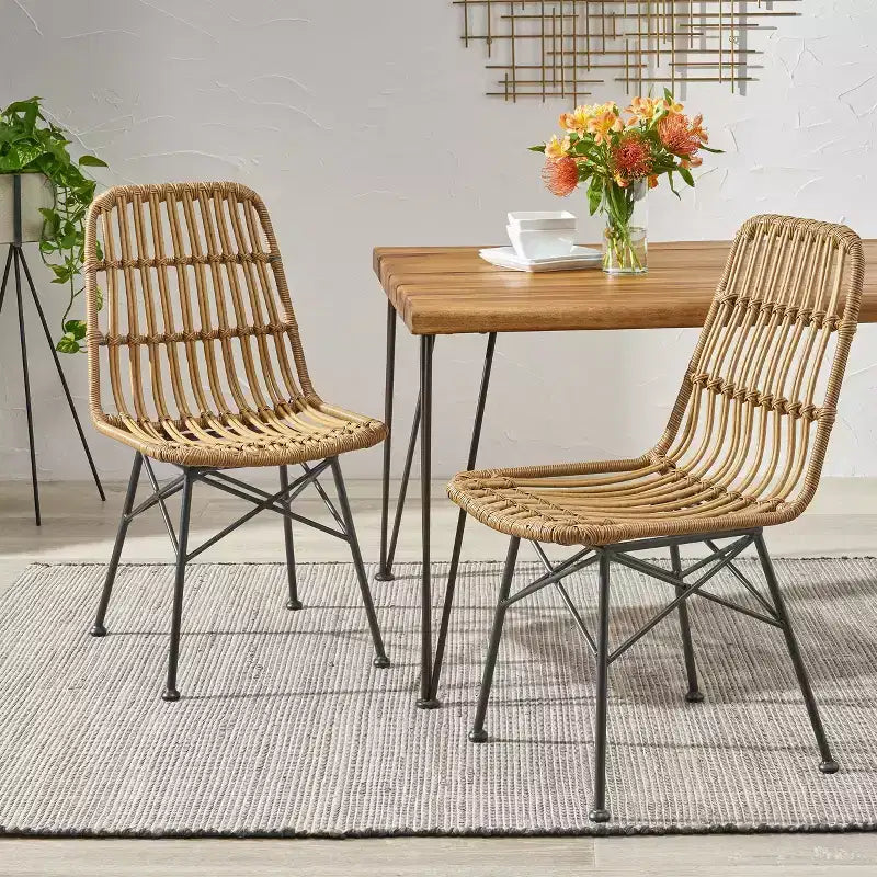 Chaises de salle à manger d'extérieur en osier et fer Braymer de GDFStudio (lot de 2)