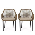 GDFStudio Fromberg Outdoor Wicker and Iron Dining Chairs with Cushion (Set of 2), Matte Black/Light Brown/Beige