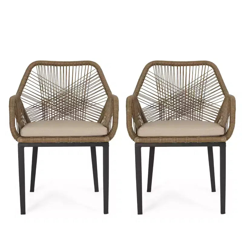 GDFStudio Fromberg Outdoor Wicker and Iron Dining Chairs with Cushion (Set of 2), Matte Black/Light Brown/Beige