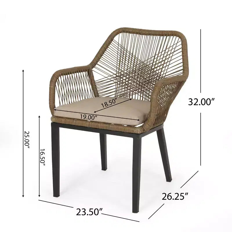 GDFStudio Fromberg Chaises de salle à manger d'extérieur en osier et fer avec coussin (lot de 2), noir mat/marron clair/beige