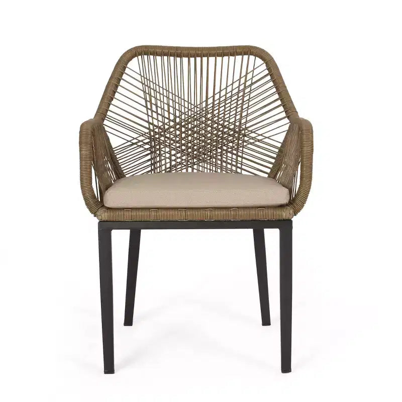 GDFStudio Fromberg Chaises de salle à manger d'extérieur en osier et fer avec coussin (lot de 2), noir mat/marron clair/beige