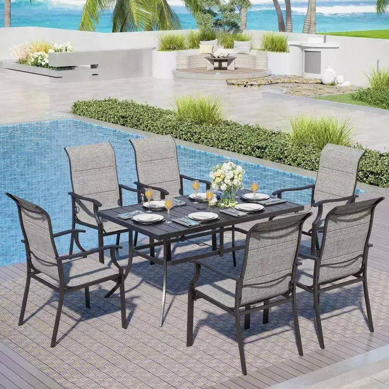 Chaises de salle à manger d'extérieur Captiva Designs avec cadre en acier et dossier haut, rembourrées en toile tendue