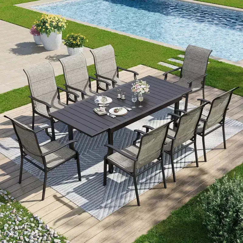 Chaises de salle à manger d'extérieur Captiva Designs avec cadre en acier et dossier haut, rembourrées en toile tendue