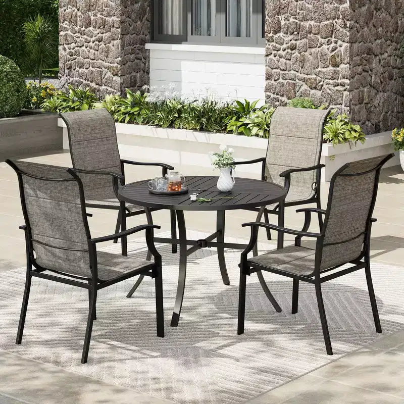 Chaises de salle à manger d'extérieur Captiva Designs avec cadre en acier et dossier haut, rembourrées en toile tendue