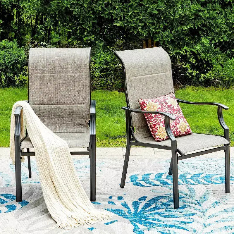 Chaises de salle à manger d'extérieur Captiva Designs avec cadre en acier et dossier haut, rembourrées en toile tendue
