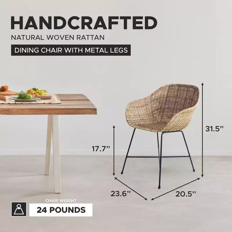 Chaise de salle à manger en rotin tressé Ormond de texxture, meuble d'intérieur/extérieur pour salle à manger ou cuisine, pour table ou porche avec pieds en métal, naturel