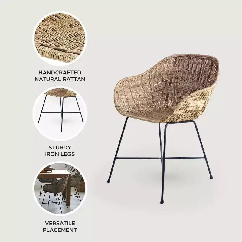 Chaise de salle à manger en rotin tressé Ormond de texxture, meuble d'intérieur/extérieur pour salle à manger ou cuisine, pour table ou porche avec pieds en métal, naturel
