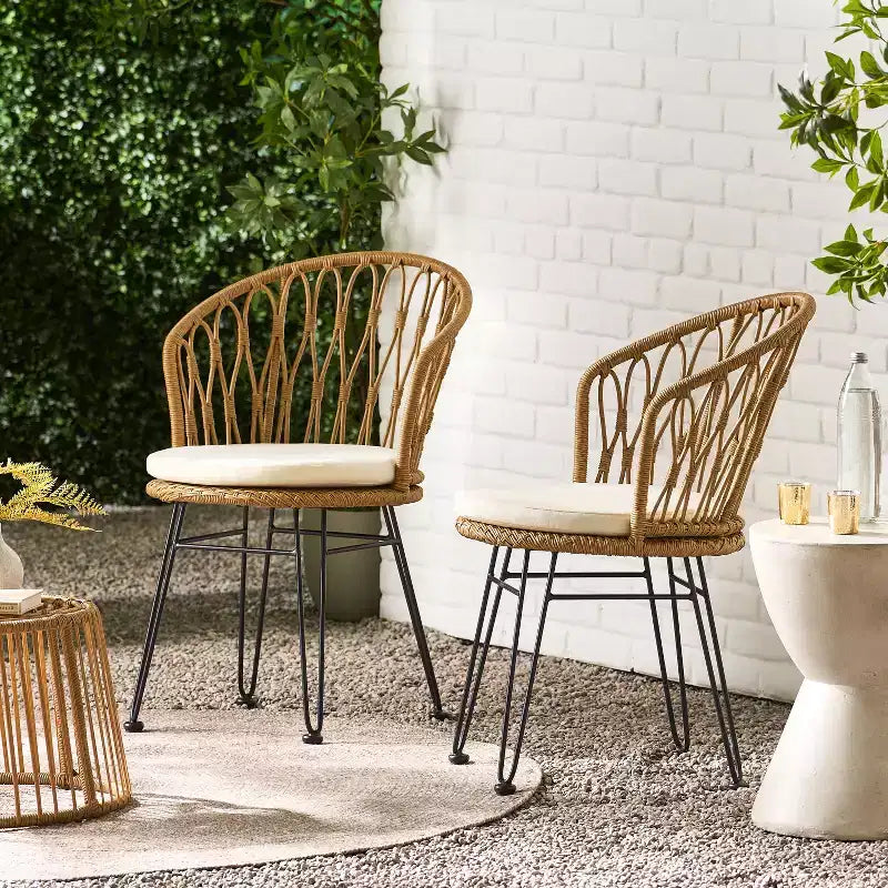 Christopher Knight Home Tavon Chaises de salle à manger d'extérieur en osier et métal avec coussin (Lot de 2)
