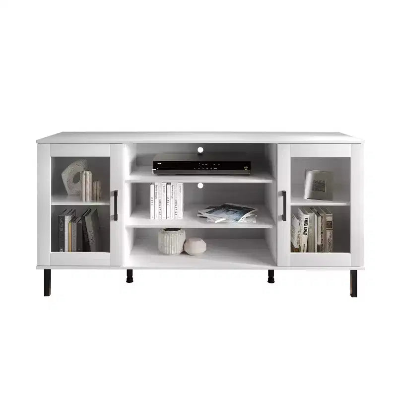Meuble TV moderne – 60", Portes en acrylique, 3 étagères ouvertes et passe-câbles