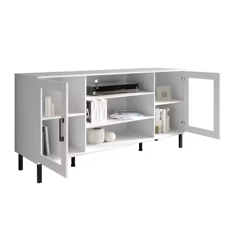 Meuble TV moderne – 60", Portes en acrylique, 3 étagères ouvertes et passe-câbles