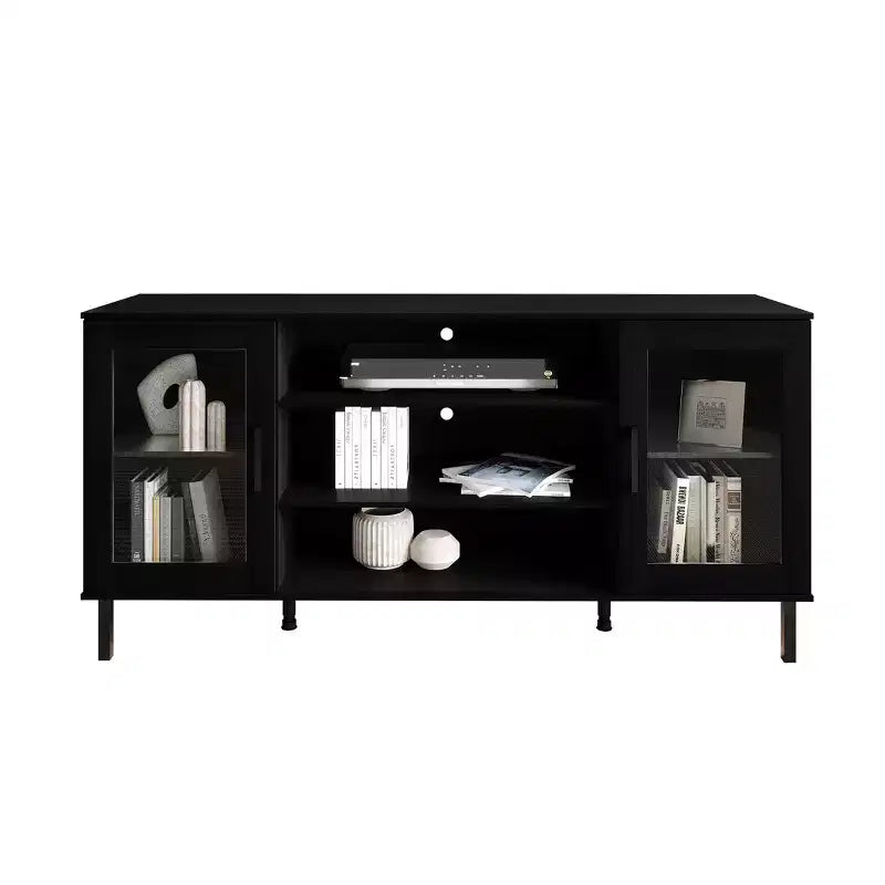 Meuble TV moderne – 60", Portes en acrylique, 3 étagères ouvertes et passe-câbles