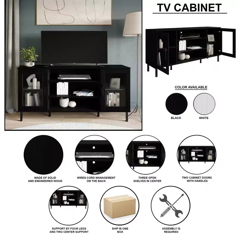 Meuble TV moderne – 60", Portes en acrylique, 3 étagères ouvertes et passe-câbles