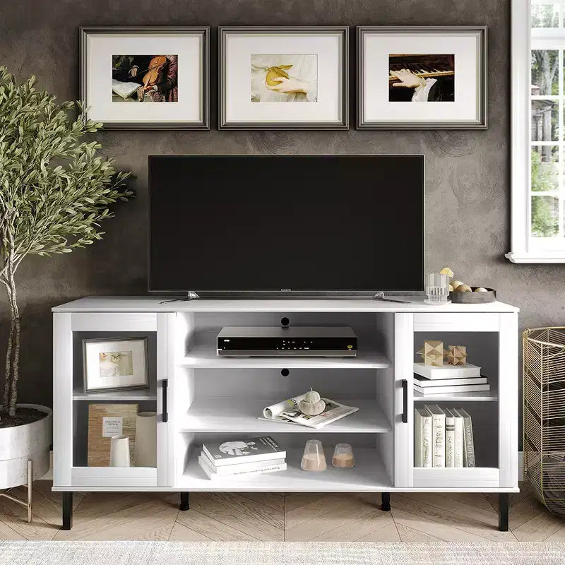 Meuble TV moderne – 60", Portes en acrylique, 3 étagères ouvertes et passe-câbles