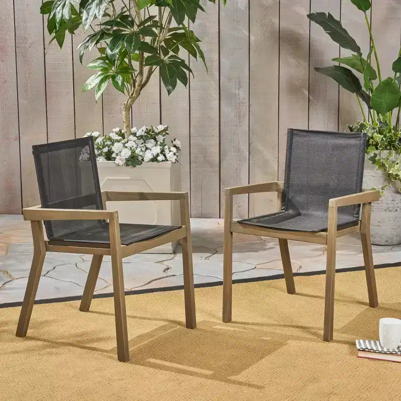 Chaise de salle à manger GDFStudio Aurelia en acacia et mailles de style minimaliste pour l'extérieur (Lot de 2)