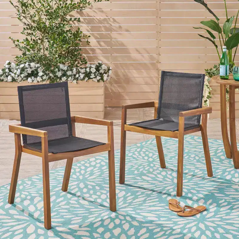 Chaise de salle à manger GDFStudio Aurelia en acacia et mailles de style minimaliste pour l'extérieur (Lot de 2)