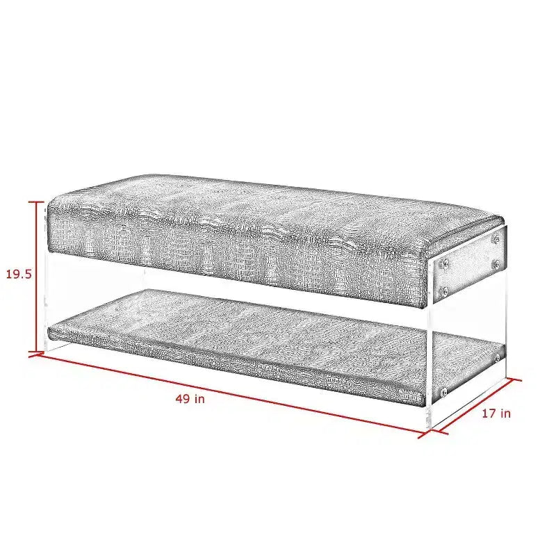 Banc en similicuir avec pieds et étagère inférieure en acrylique – Aspect Croco, Polyvalent