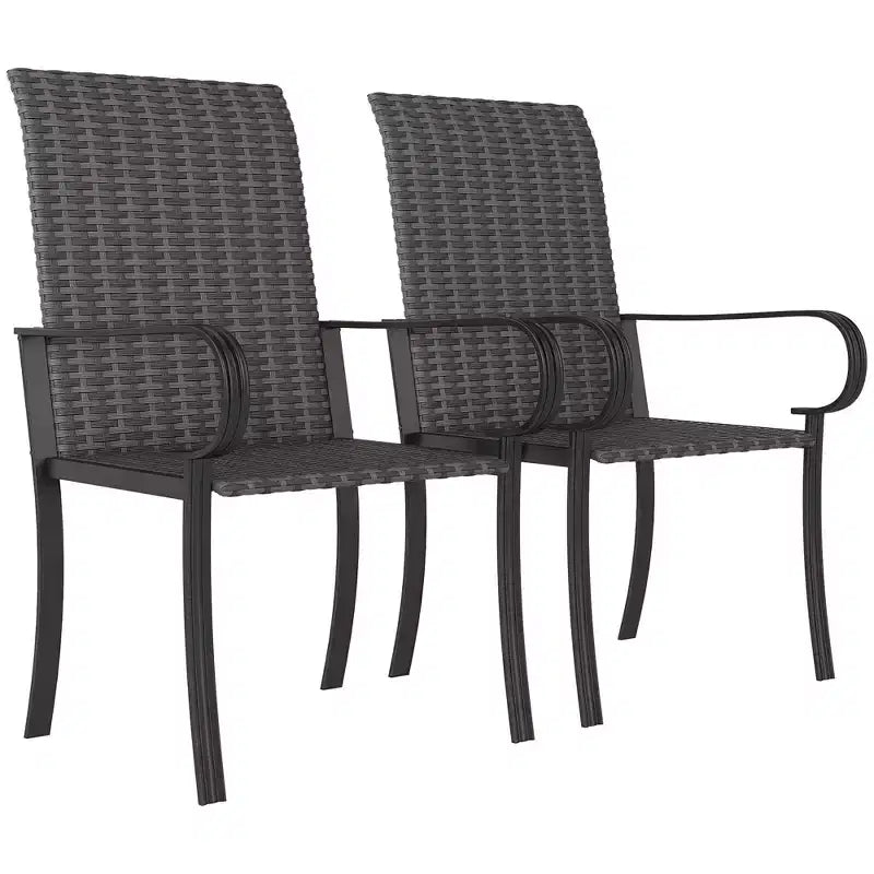 Outsunny Outdoor Wicker Dining Chairs, All-Weather Rattan Armchairs with Armrests, Steel Frame, High Back and Deep Seating