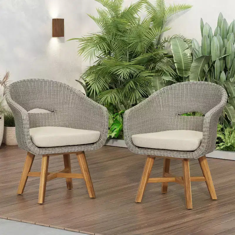 Christopher Knight Home Ione Outdoor Aluminum, Rattan and Acacia Dining Arm Chair with Cushion (Set of 2)
