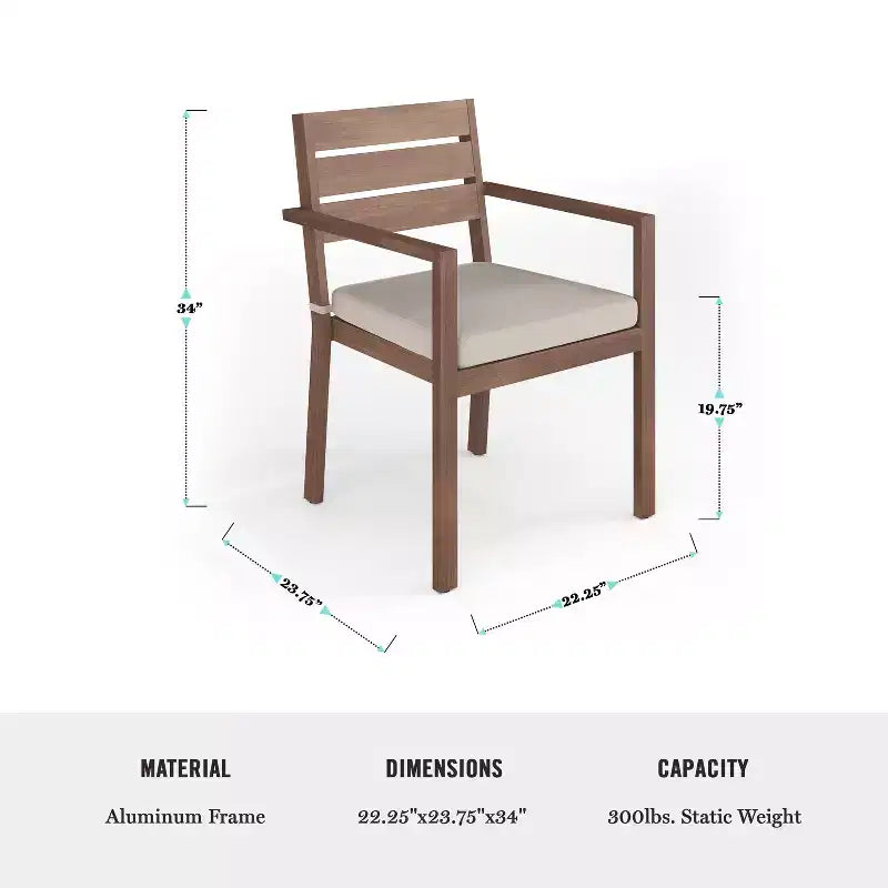 Martha Stewart Bedford, lot de 2 fauteuils de salle à manger empilables intérieurs/extérieurs avec finition en aluminium brossé à grain de bois et coussins d'assise toutes saisons