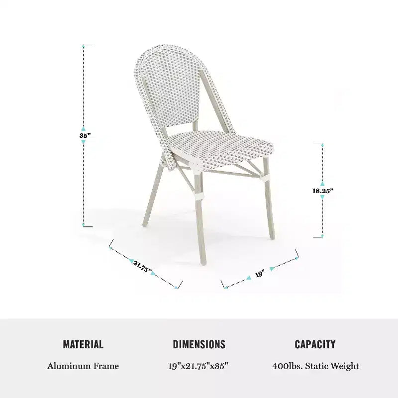 Lot de 2 chaises de bistrot empilables Martha Stewart Lily Pond, pour l'intérieur et l'extérieur, avec cadres en aluminium imitation grain de bois et dossiers et sièges en rotin tressé