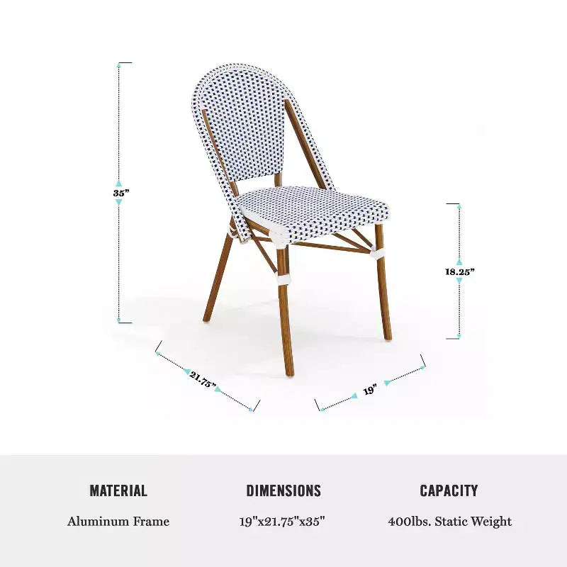 Lot de 2 chaises de bistrot empilables Martha Stewart Lily Pond, pour l'intérieur et l'extérieur, avec cadres en aluminium imitation grain de bois et dossiers et sièges en rotin tressé