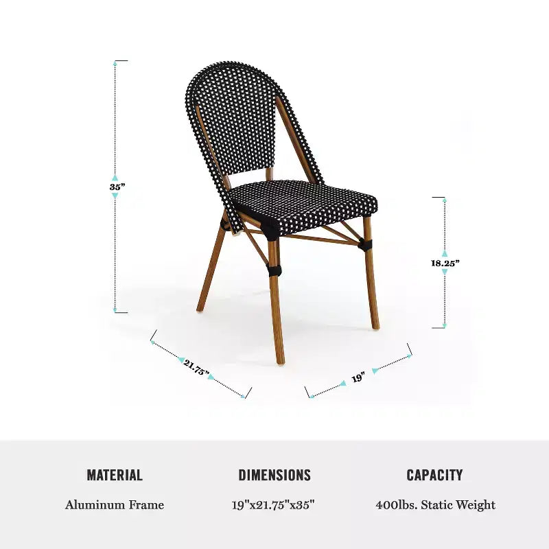 Lot de 2 chaises de bistrot empilables Martha Stewart Lily Pond, pour l'intérieur et l'extérieur, avec cadres en aluminium imitation grain de bois et dossiers et sièges en rotin tressé