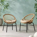 GDFStudio Dero Outdoor Wicker and Iron Dining Chairs with Cushion (Set of 2), Light Brown/Beige