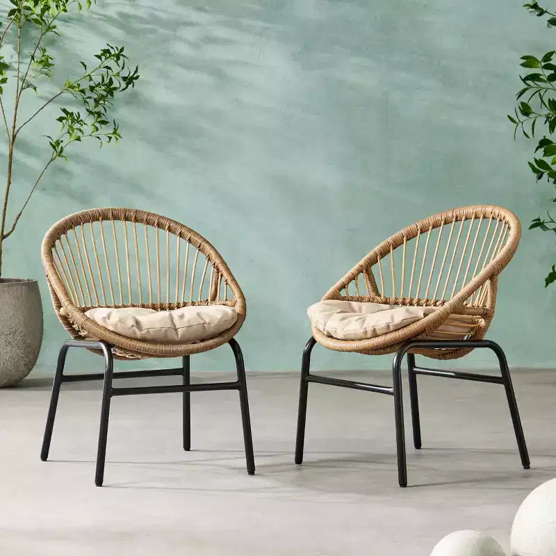 GDFStudio Dero Outdoor Wicker and Iron Dining Chairs with Cushion (Set of 2), Light Brown/Beige