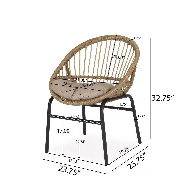 GDFStudio Dero chaises de salle à manger d'extérieur en osier et fer avec coussin (lot de 2), marron clair/beige