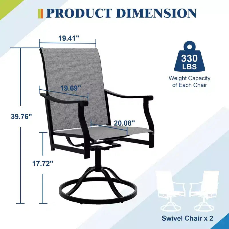 Chaises de salle à manger pivotantes d'extérieur avec dossier respirant en textilène, ensemble de 2 chaises de salle à manger pivotantes pour patio, ensemble de chaises de jardin pivotantes pour piscine, pelouse et jardin.