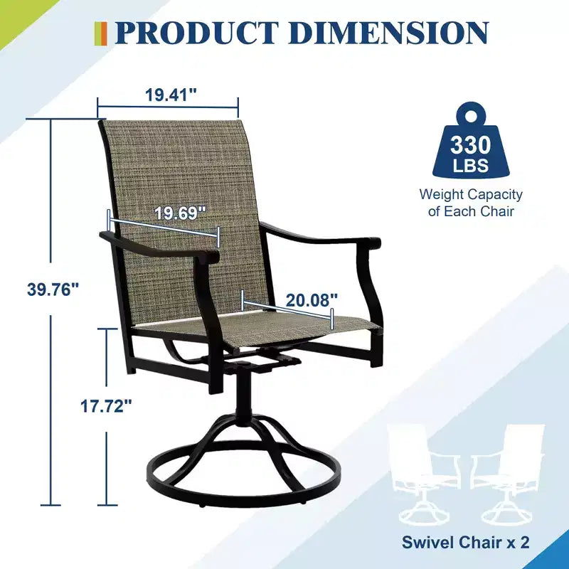 Chaises de salle à manger pivotantes d'extérieur avec dossier respirant en textilène, ensemble de 2 chaises de salle à manger pivotantes pour patio, ensemble de chaises de jardin pivotantes pour piscine, pelouse et jardin.