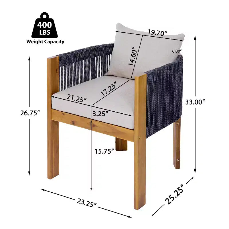 Christopher Knight Home Latoya Chaises de salle à manger modernes en acacia avec coussin et dossier en corde pour terrasse (lot de 2)