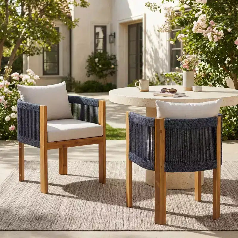 Christopher Knight Home Latoya Modern Patio Acacia Dining Chairs with Cushion and Rope Backrest (Set of 2)