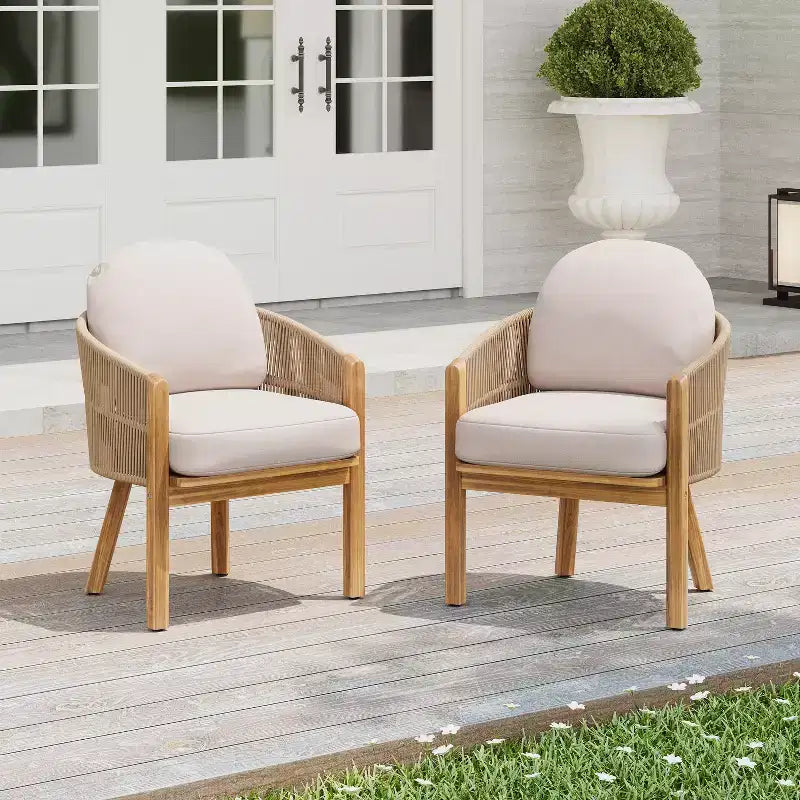 Christopher Knight Home Latoya Outdoor Acacia Wood Upholstered Dining Chair with Rope Accent (Set of 2)