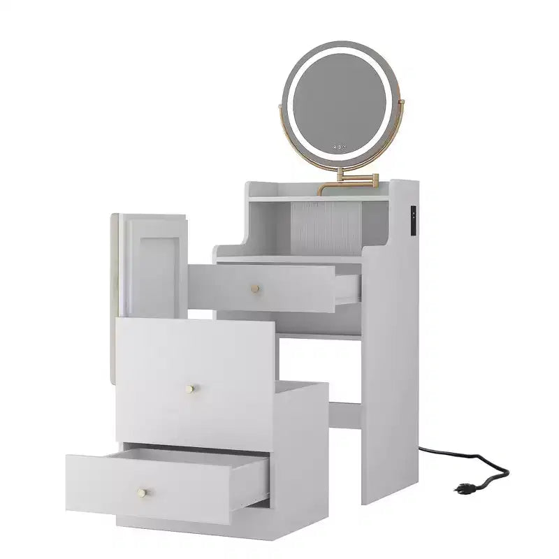 Coiffeuse 3-en-1 avec miroir et station de charge – Lumières LED, compacte, avec tabouret